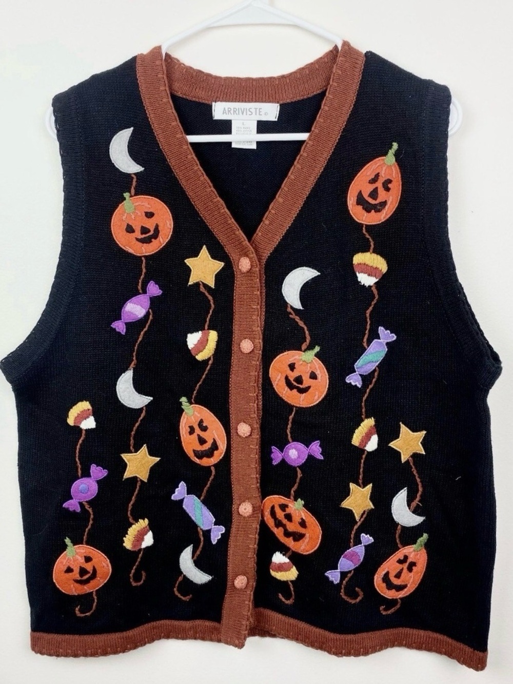 ARRIVISTE Halloween Candy Teacher Sweater Vest Sz M Pumpkins Fleece Knit